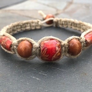 Hemp Bracelet: Handmade Boho Jewelry with Red Wooden Beads