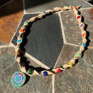Hemp necklace, beaded hemp necklace, hippie necklace, stoner necklace, trippy jewelry, hemp necklace with pendant