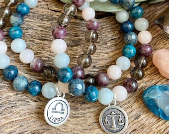 LIBRA ZODIAC Bracelet: Sapphire, Smoky Quartz, Pink Tourmaline, Apatite and Morganite