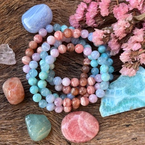 MERMAID- Sunstone, Rhodochrosite, Kunzite, Blue Lace Agate, Aquamarine and Larimar crystal healing bracelet