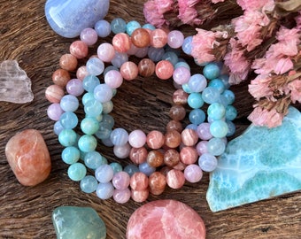 MERMAID- Sunstone, Rhodochrosite, Kunzite, Blue Lace Agate, Aquamarine and Larimar crystal healing bracelet