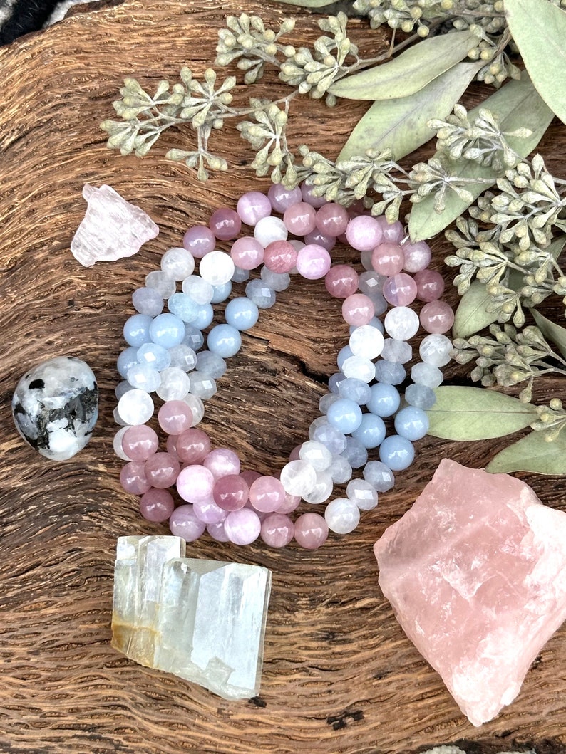 MAMA Bracelet Rainbow Moonstone, Aquamarine, Angelite, Rose Quartz and Kunzite crystal bracelet image 5