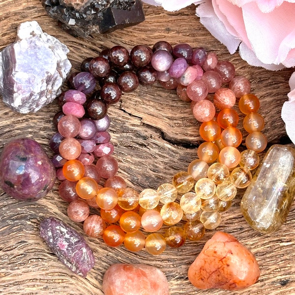 FROM THE ASHES- Sunstone, Carnelian, Citrine, Ruby, Lepidolite, Garnet and Strawberry Quartz. Gemstone Yoga bracelet Gifts under 50