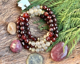 Spiced Cranberry Bracelet- Garnet, Hessonite Garnet, Pyrite and Golden Rutile in Quartz Bracelet Yoga. Meditation mala Beads