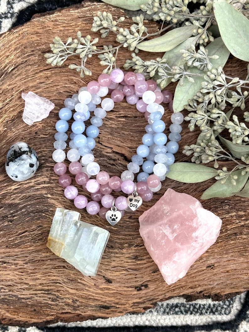 MAMA Bracelet Rainbow Moonstone, Aquamarine, Angelite, Rose Quartz and Kunzite crystal bracelet image 3