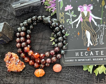 HECATE Bracelet Onyx, Black Tourmaline, Rainbow Obsidian, Arfvedsonite, Garnet, and Hessonite Garnet. Crystal. Goddess