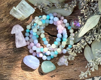 Fairy Garden bracelet Rose Quartz, Kunzite, Blue Lace Agate, Aquamarine, Amazonite, Jade & Aura Quartz crystal. Gemstone Bracelet.