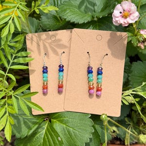 May include: Two pairs of earrings with a rainbow of colorful beads. Each earring has a silver hook and a vertical row of small, round beads in shades of red, orange, yellow, green, blue, and purple. The earrings are displayed on brown cardstock.