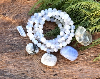 Let it Snow Bracelet- Moonstone, Aquamarine, Blue Lace Agate and Blue Chalcedony Bracelet Yoga. Meditation mala Beads