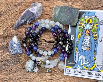 The High Priestess Tarot inspired Bracelet- Moonstone, Labradorite, Sodalite, Amethyst and Silver sheen Obsidian. Yoga Bracelet. Crystal
