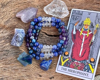 The Hierophant Tarot Bracelet- Clear Quartz, Sodalite, Lapis Lazuli, Kyanite, Fluorite and Amethyst. Yoga Bracelet. Crystal