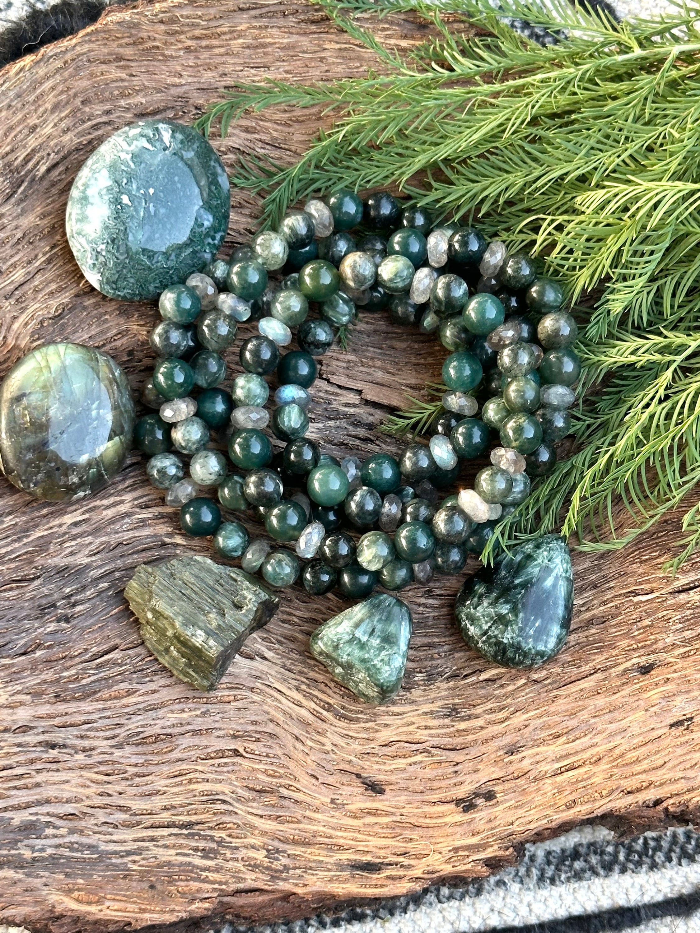 Evergreen Bracelet- Seraphinite, Green Kyanite, Green Rutile in
