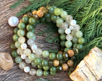 Frosted Pine Bracelet- Pearl, Gold Rutile in Quartz, Hessonite Garnet, Green Jade and Wood Grain Jasper Bracelet Yoga. Meditation mala Beads