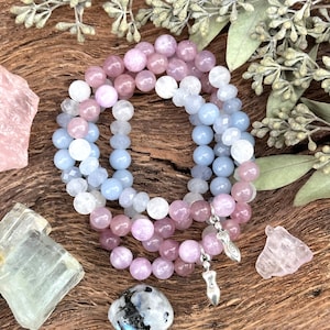 MAMA Bracelet Rainbow Moonstone, Aquamarine, Angelite, Rose Quartz and Kunzite crystal bracelet image 1