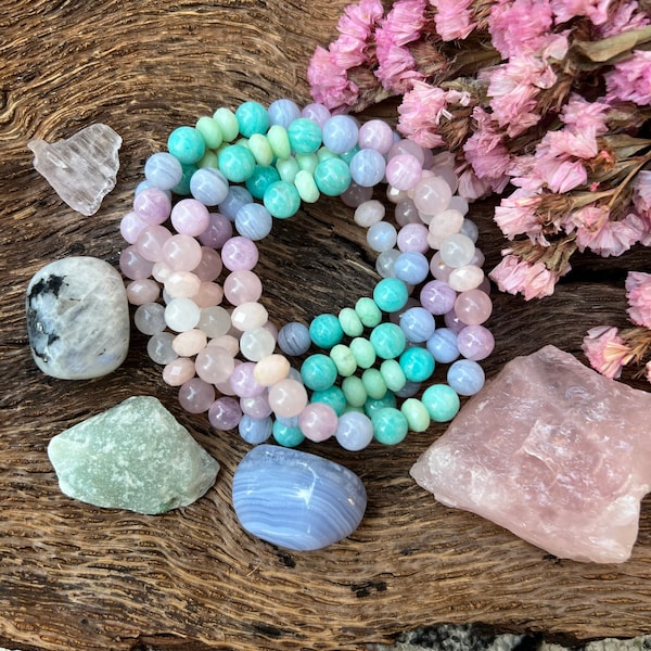 UNICORN-Moonstone, Morganite, Rose Quartz, Kunzite, Blue Lace Agate, Amazonite & Chrysoprase crystal mala healing bracelet. Yoga