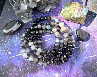 COSMIC CHROME Bracelet- Shungite, Hematite, Silver Sheen Obsidian, Black & Grey Moonstone and Labradorite Crystal bracelet