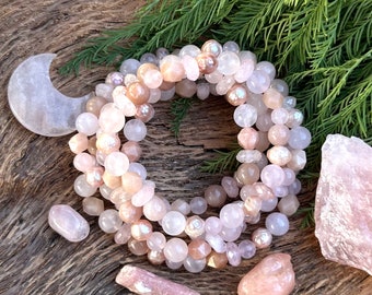 Sugar Plum Bracelet- Rose Quartz, Blush Pearl, Peach Moonstone Bracelet Yoga. Meditation mala Beads
