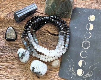 The I AM WHOLE  Bracelet is made of 4x6mm Moonstone, Labradorite, Silver Sheen Obsidian and Black Tourmaline gemstone bracelet.