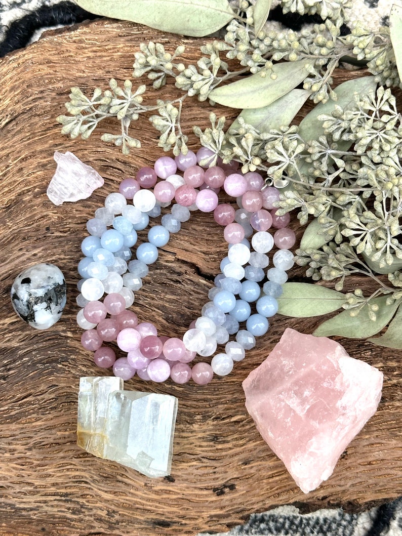 MAMA Bracelet Rainbow Moonstone, Aquamarine, Angelite, Rose Quartz and Kunzite crystal bracelet image 2