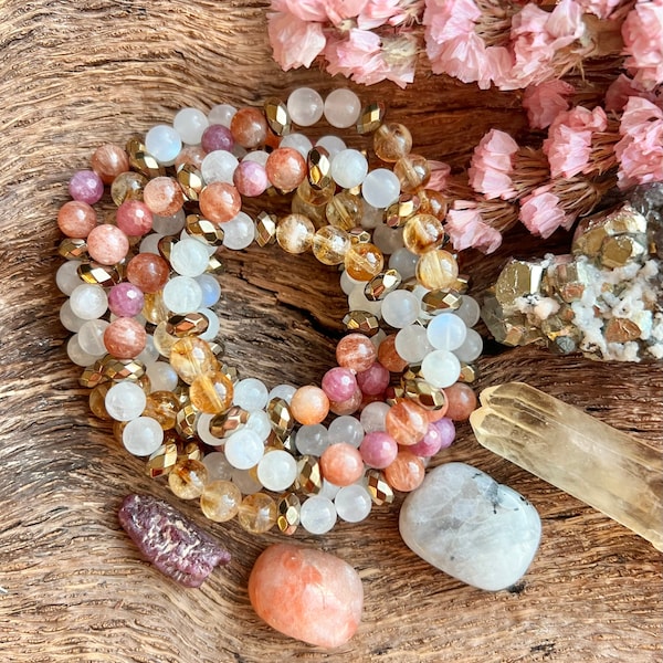 LAKSHMI Bracelet- Moonstone, Sunstone, Citrine, Ruby and Pyrite Crystal Bracelet. Yoga Bracelet. Lakshmi goddess pendant necklace