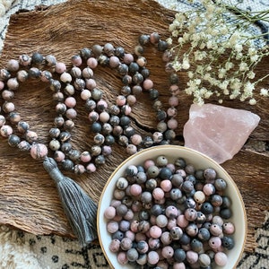 RHODONITE - DIY Mala Making Kit, Yoga Necklace, Make Your Own Mala. Yoga Necklace. Meditation Necklace. diy Gifts under 75