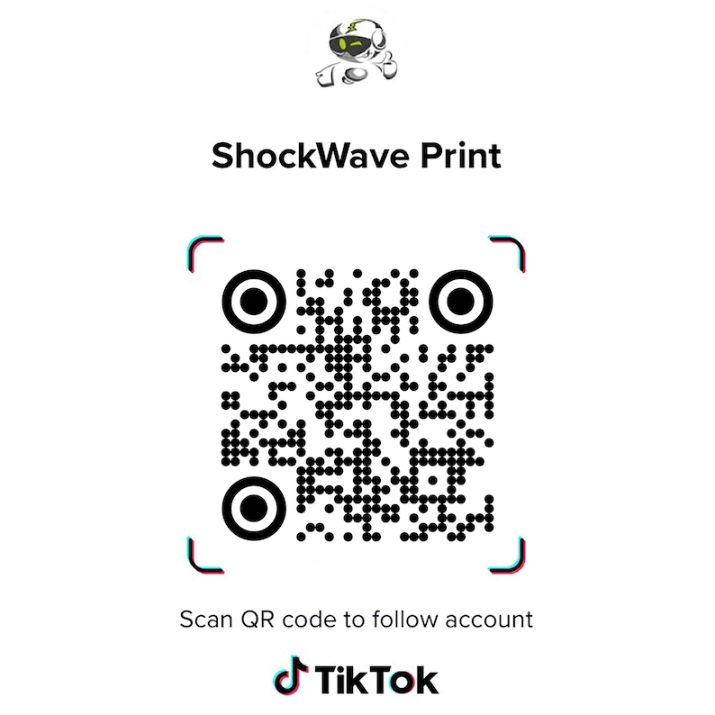 Pode incluir: C&oacute;digo QR preto e branco com uma borda branca, etiquetado como "ShockWave Print". Abaixo do c&oacute;digo est&aacute; o texto "Digitalize o c&oacute;digo QR para seguir a conta" e o logotipo do TikTok.