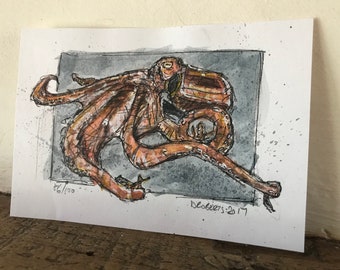 May include: A watercolor painting of an octopus with brown and orange tones on a gray background. The octopus is curled up with its tentacles visible. The painting is signed "Deboers 2017" and numbered "26/100".