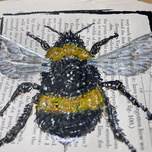 Puede incluir: Primer plano de un abejorro pintado en una página de libro vintage. El abejorro es negro y amarillo con alas blancas. La página del libro tiene texto impreso.