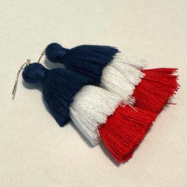 USA Flag Inspired Tassel Earrings Red, Blue & White