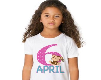 Girl's Personalized 6th Birthday, Monkey Themed Birthday, Girl's Jungle Birthday,Birthday Shirt, Birthday Tee, Baby Monkey T-shirt