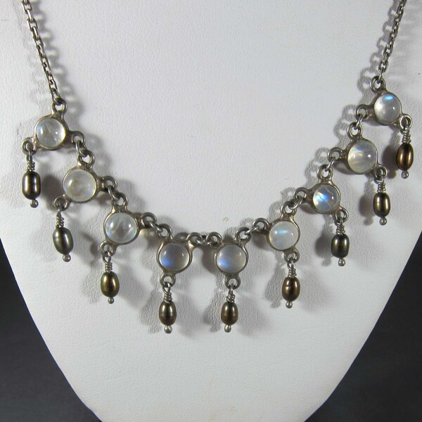 Vintage Blue Moonstone Black Pearl Sterling Fringe Necklace