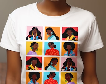 Black Women Squares Shirt - African American - Afro Hair - Melanin Lady - Afrocentric Tee - Brown Skin Culture - Short Sleeve Shirt - Sistas