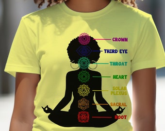 Puede incluir: Una camiseta amarilla con una silueta negra de una persona en una postura de yoga. La persona tiene siete chakras, cada uno con un color y un símbolo diferentes, junto con el nombre del chakra correspondiente: Corona, Tercer ojo, Garganta, Corazón, Plexo solar, Sacro y Raíz.