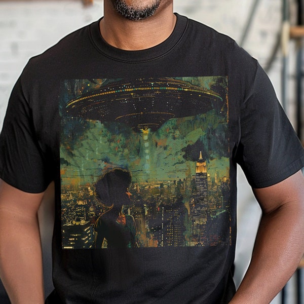 Alien Arrival Shirt - Afro Woman Art - UFO Invasion - Spaceship Landing - Melanin Magic - Afrofuturism Sci Fi - Adult Unisex Tee