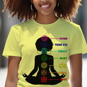 May include: A yellow t-shirt with a black silhouette of a person in a yoga pose. The person has seven chakras, each with a different color and symbol, along with the corresponding chakra name: Crown, Third Eye, Throat, Heart, Solar Plexus, Sacral, and Root.
