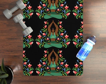 Afro Floral Yoga Mat - African American - Black Yogi - Afrocentric Design - Flower Fans - Pilates Mat - Fitness Pose - Meditation Goals