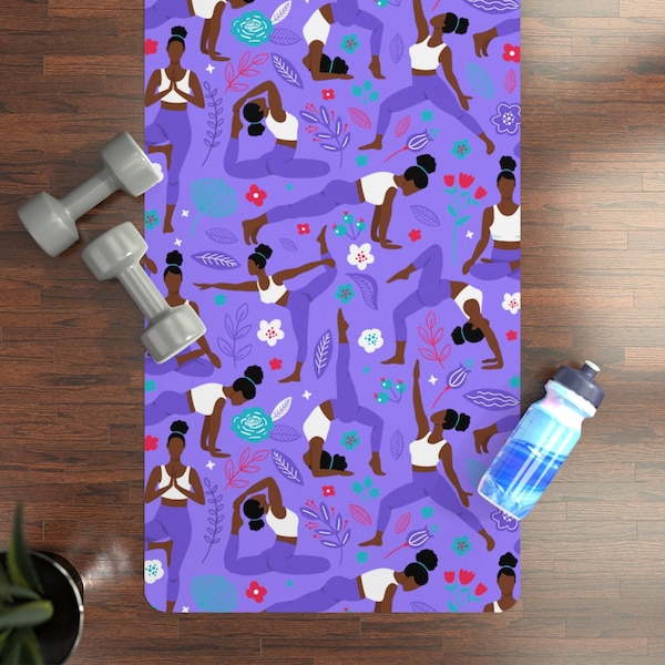 Afro Woman Yoga Mat - African American - Black Yogi - Fitness Instructor - Pilates Mat - Floral Design - Custom Yoga Gift - Health Wellness