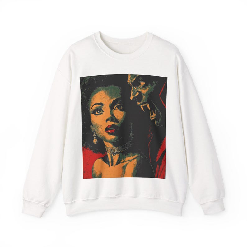 Black Horror Sweatshirt, Afro Woman with Vampire Monster Long Sleeve Top White