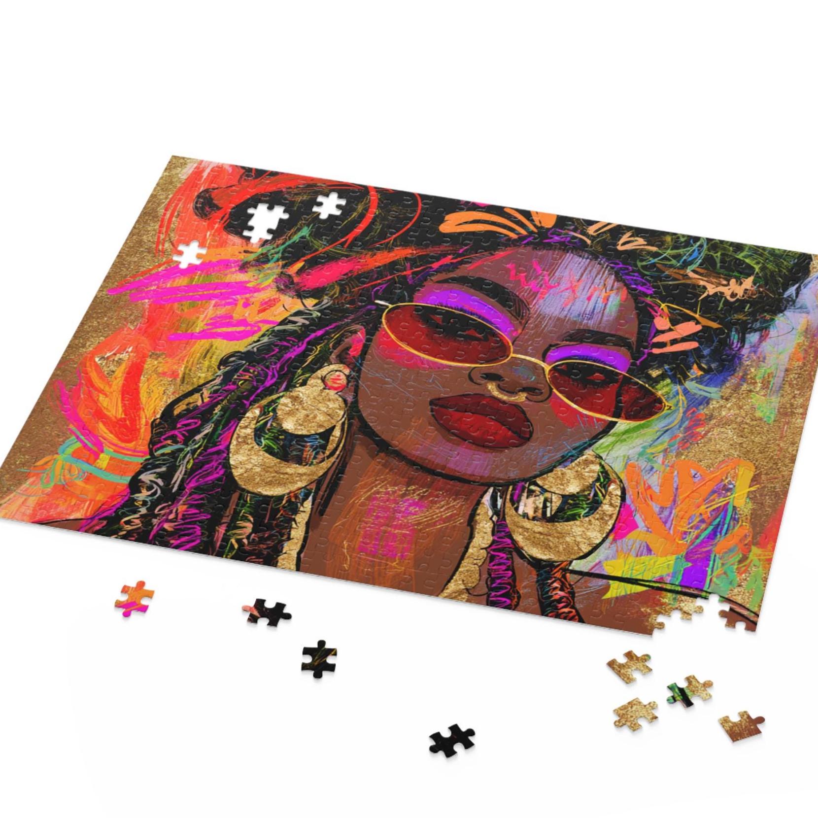 Gold Accents & Locs Black Woman Puzzle | Afro Graffiti Fashion Jigsaw