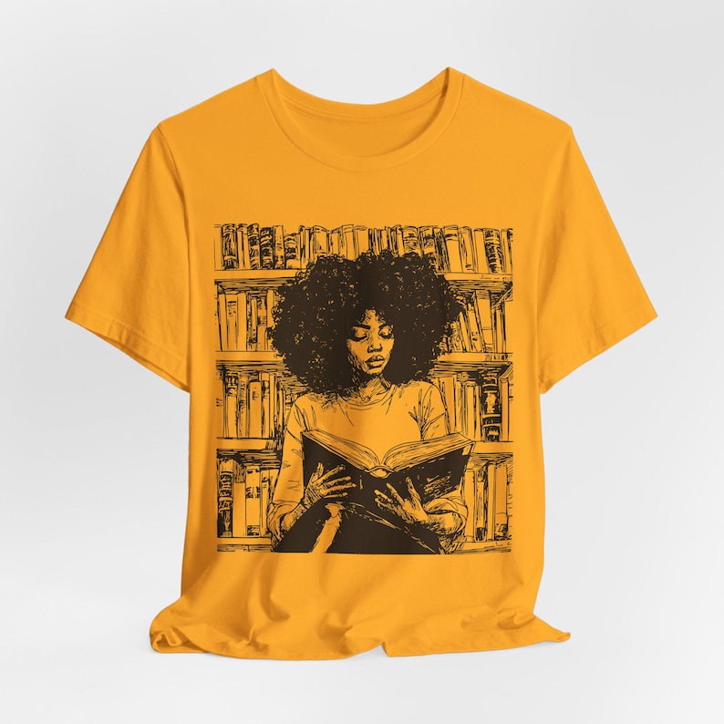 Afro Woman Reading T-Shirt: Black Girl Art, Book Lover Gift Gold