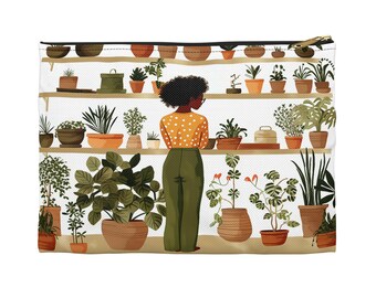 Pochette femme afro avec plantes - Afro-américaine - Pouce vert - Feuilles d'intérieur en pot - Amateur de plantes - Style horticole - Dame noire