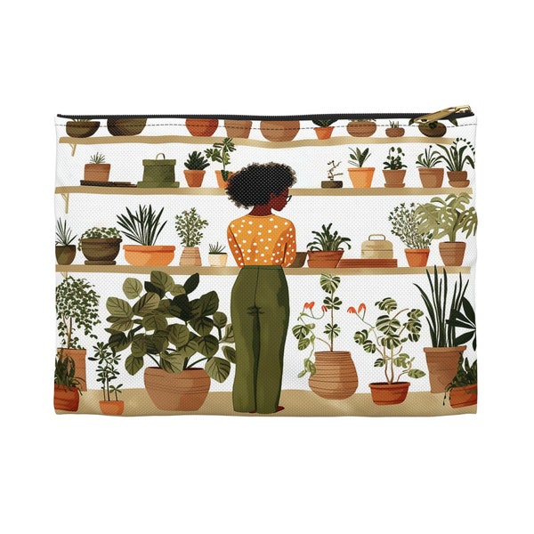 Afro Woman with Plants Pouch - African American - Green Thumb - Indoor Potted Leaves - Plant Lover - Horticulture Style - Black Lady