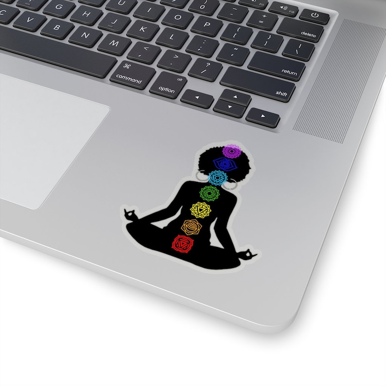 May include: A black silhouette of a person sitting in a yoga pose with seven colorful chakras along the spine. The chakras are in the colors of the rainbow, starting with red at the base and ending with violet at the crown.