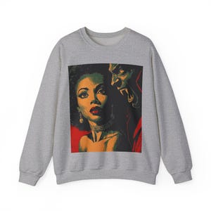 Black Horror Sweatshirt, Afro Woman with Vampire Monster Long Sleeve Top Sport Grey
