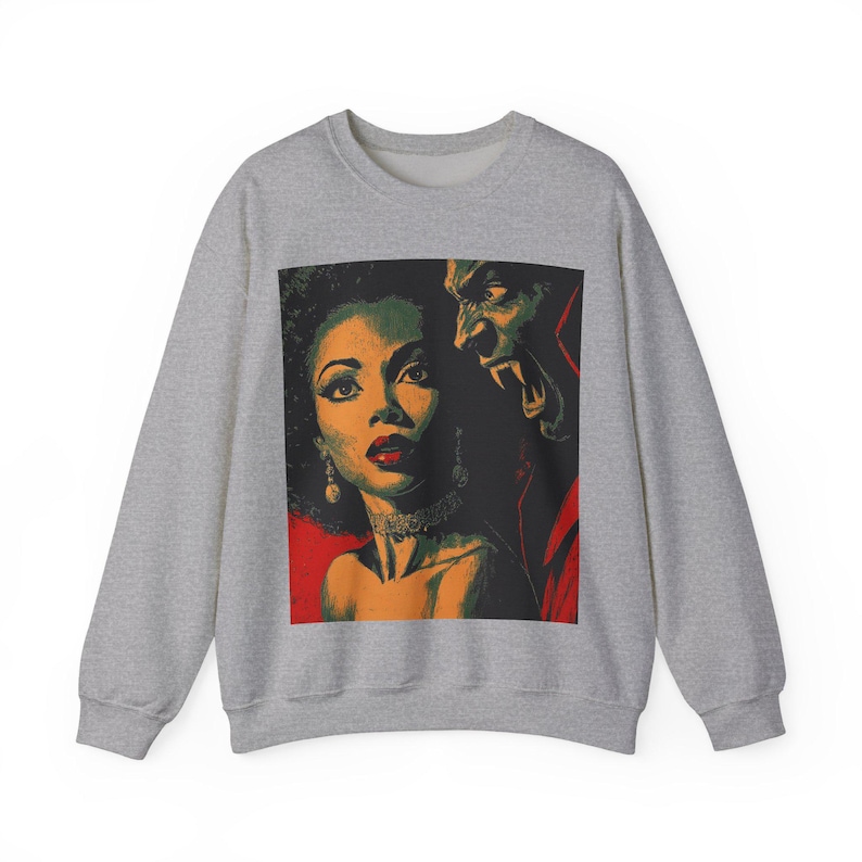 Black Horror Sweatshirt, Afro Woman with Vampire Monster Long Sleeve Top Sport Grey