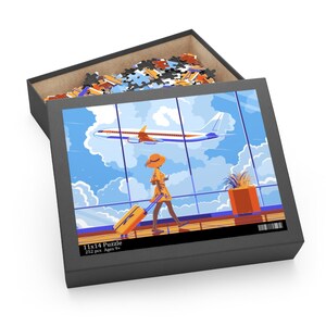 May include: A 252 piece jigsaw puzzle featuring a woman with a suitcase walking through an airport terminal with an aeroplane flying overhead. The puzzle box is black with a blue, white, and orange illustration of the puzzle image. The box also includes the text "11x14 Puzzle 252 pcs Ages 9+"