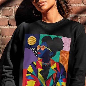 Afro Puffs Sweatshirt: Colorful Geometric Design, Black Woman Art