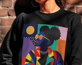Afro Puffs Sweatshirt: Colorful Geometric Design, Black Woman Art