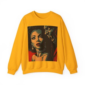 Black Horror Sweatshirt, Afro Woman with Vampire Monster Long Sleeve Top Gold