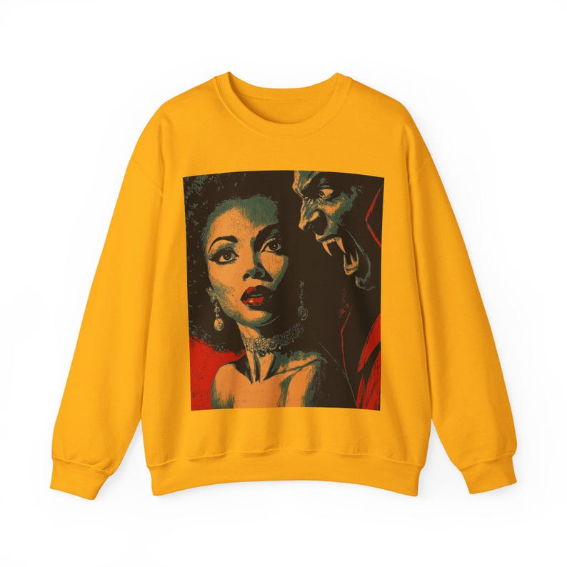 Black Horror Sweatshirt, Afro Woman with Vampire Monster Long Sleeve Top Gold